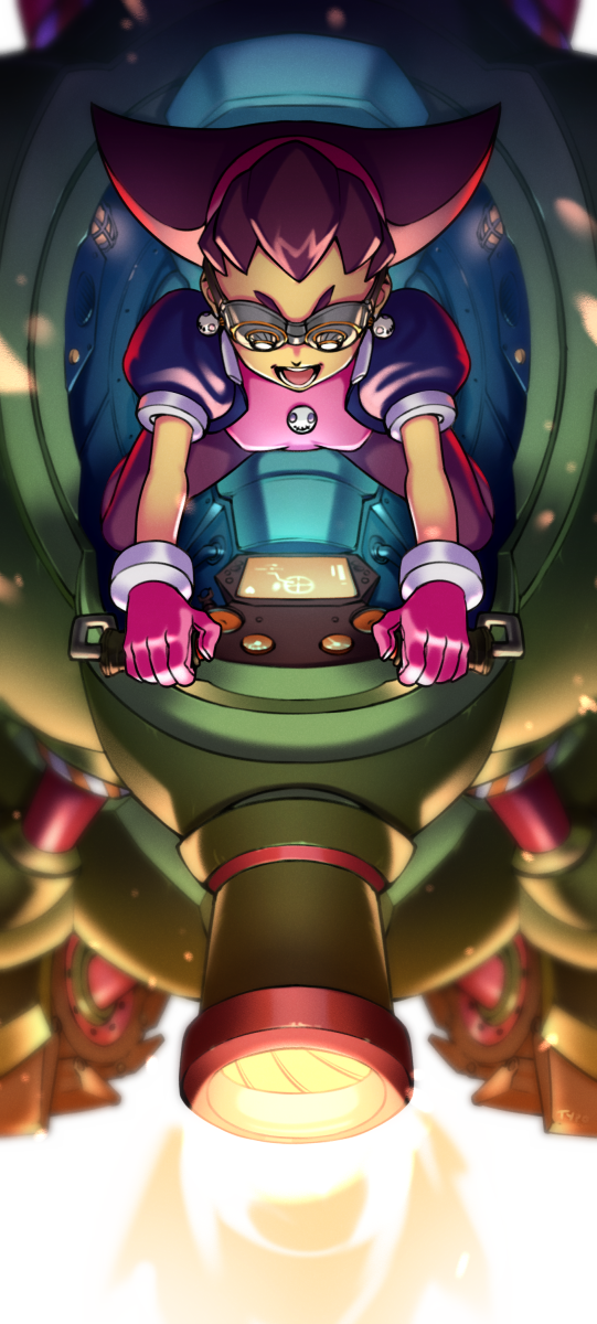 breasts brooch cannon cockpit commentary earrings english_commentary firing forehead from_above goggles hair_pulled_back hair_slicked_back hairband highres jewelry mecha open_mouth pantyhose pink_hairband puffy_sleeves rockman rockman_dash skull_earrings small_breasts solo tron_bonne typo_(requiemdusk)