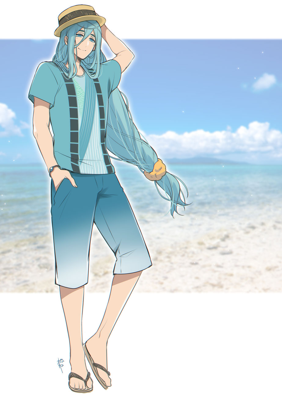 adjusting_clothes adjusting_hat aqua_eyes aqua_hair beach boater_hat bracelet chiyoganemaru closed_mouth day hand_in_pocket hat highres jewelry long_hair low-tied_long_hair male_focus ocean sandals shirt smile solo suzuka_nene t-shirt touken_ranbu very_long_hair water