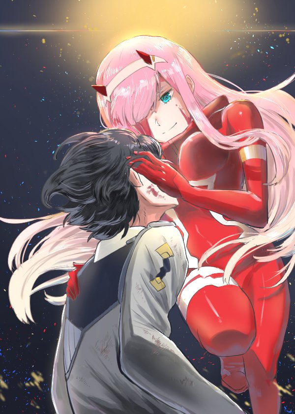 1boy 1girl bangs black_hair blood blood_on_face bodysuit breasts commentary_request couple darling_in_the_franxx floating_hair gloves green_eyes hair_ornament hair_over_one_eye hairband hand_on_another's_face hand_on_another's_shoulder hetero hiro_(darling_in_the_franxx) horns long_hair long_sleeves looking_at_another medium_breasts military military_uniform night night_sky oni_horns pilot_suit pink_hair red_bodysuit red_gloves red_horns sky star star_(sky) starry_sky uniform white_hairband zero_two_(darling_in_the_franxx)