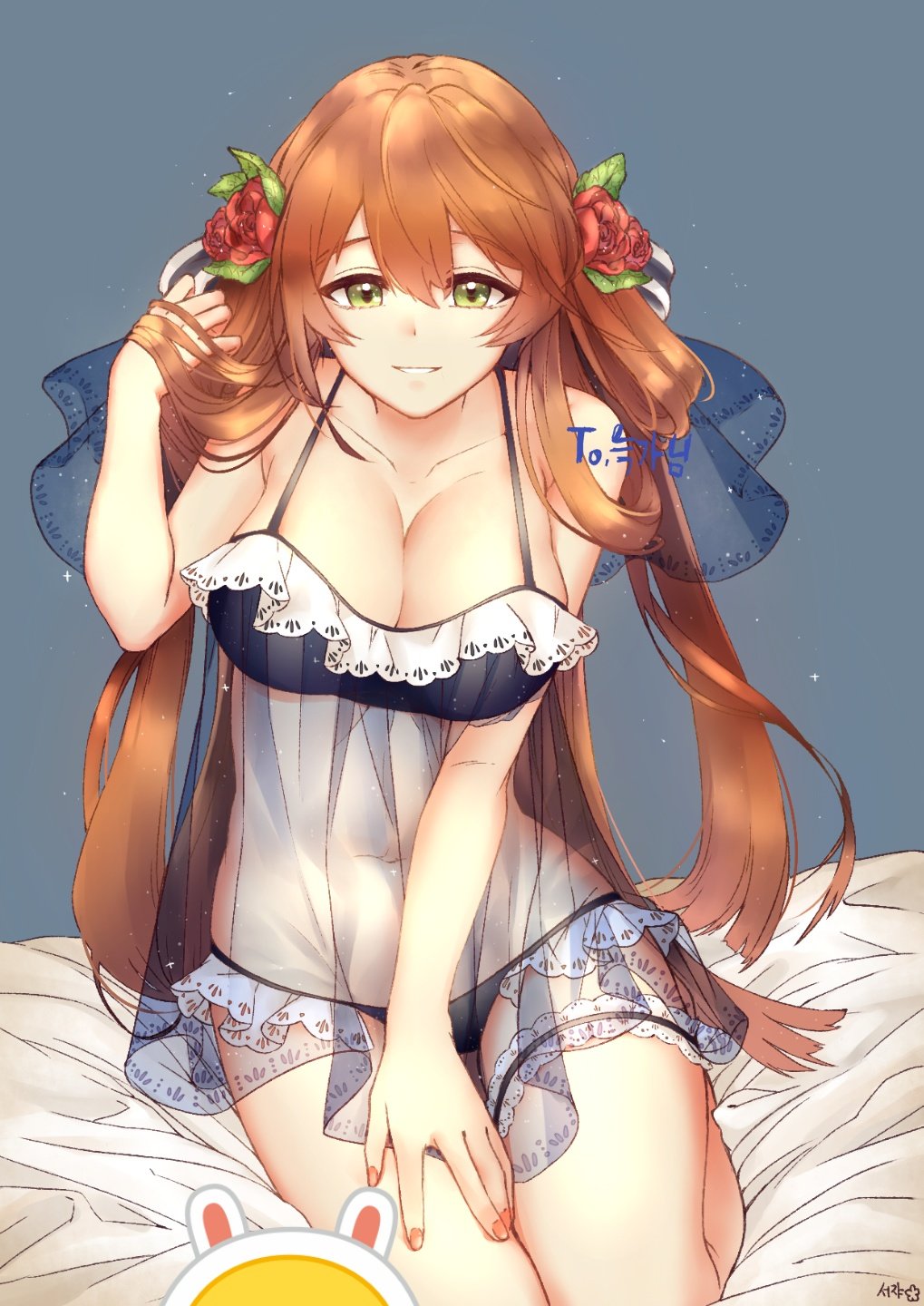 babydoll bangs bare_shoulders blue_babydoll blue_panties blush breasts brown_hair cleavage collarbone eyebrows_visible_through_hair flower girls_frontline green_eyes hair_between_eyes hair_flower hair_ornament hair_ribbon hair_rings hand_in_hair hand_on_own_thigh highres ice_s_s_z large_breasts leg_garter long_hair looking_at_viewer m1903_springfield_(girls_frontline) nail_polish on_bed panties parted_lips pink_nails ribbon see-through sidelocks sitting smile solo thighs underwear underwear_only veil yokozuwari