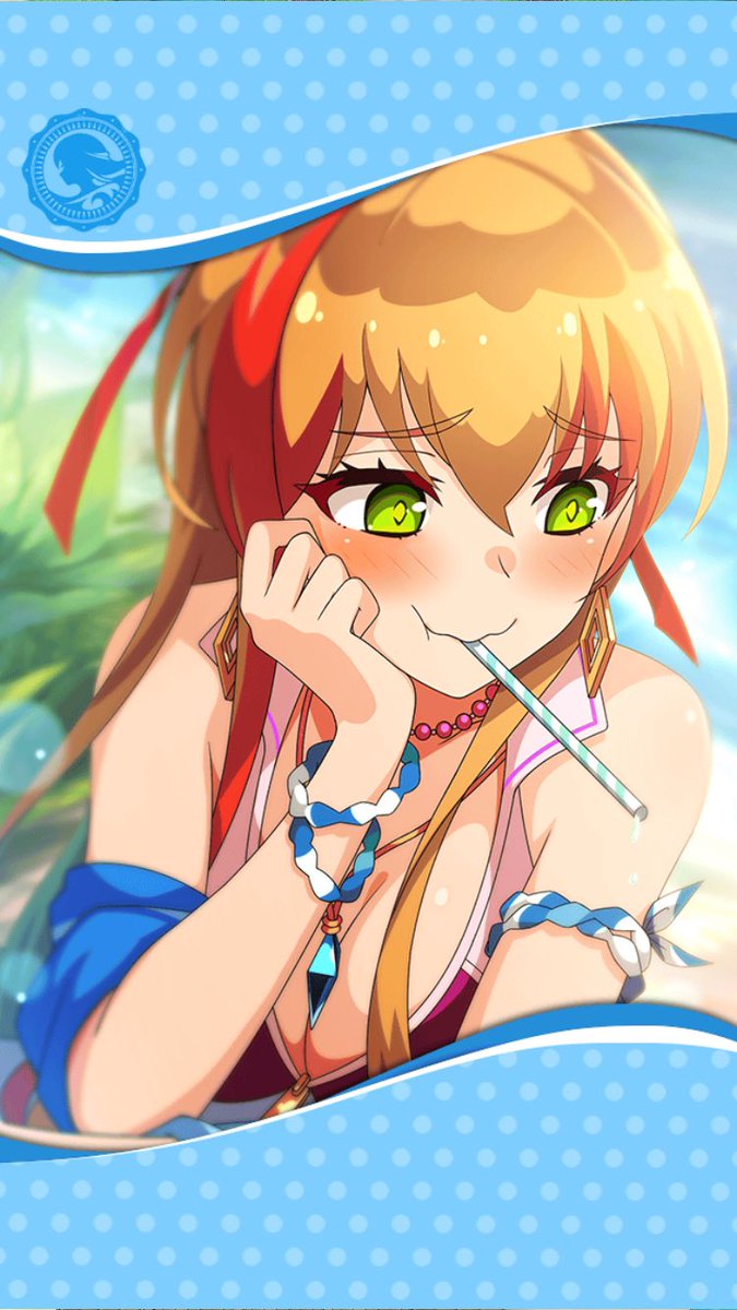 artist_request bead_necklace beads blush breasts cleavage drinking_straw eyebrows_visible_through_hair framed_image green_eyes hair_between_eyes hand_on_own_cheek highres jewelry mouth_hold multicolored_hair necklace official_art orange_hair othinus_(phantom_of_the_kill) phantom_of_the_kill smile swimsuit two-tone_hair