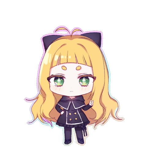 1girl antenna_hair bangs black_bow black_dress black_footwear black_legwear blonde_hair blush bow chibi closed_mouth copyright_request dress frilled_dress frills full_body green_eyes hair_bow hand_on_hip hand_up light_frown long_hair lowres pantyhose poyo_(shwjdddms249) solo standing thick_thighs thighs transparent_background v very_long_hair