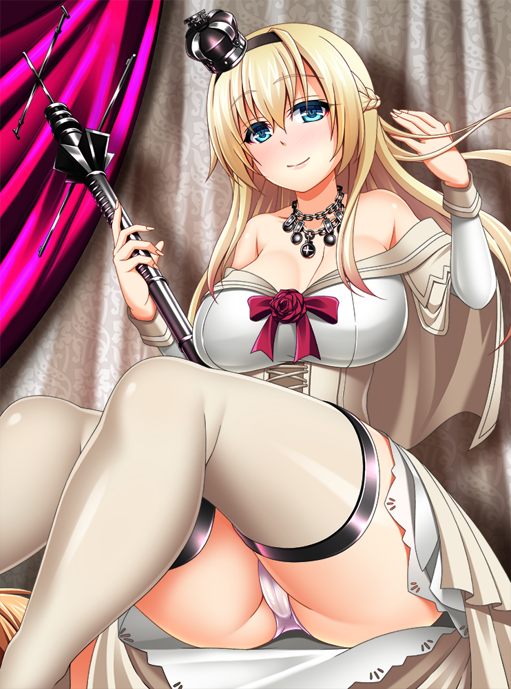 ass blonde_hair blue_eyes braid breasts crown curtains dress flower french_braid jewelry kantai_collection large_breasts long_hair long_sleeves looking_at_viewer mini_crown mirisha necklace off-shoulder_dress off_shoulder panties pantyshot red_flower red_ribbon red_rose ribbon rose scepter sitting solo thighhighs tilted_headwear underwear warspite_(kantai_collection) white_dress white_legwear white_panties