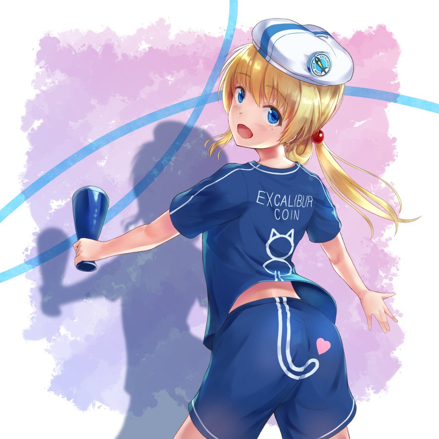 :d akabane_hibame animal_print ass bangs beret blonde_hair blue_eyes blue_shirt blue_shorts cat_print clothes_writing commentary_request excaliburcoin eyebrows_visible_through_hair from_behind hat heart holding logo long_hair looking_at_viewer looking_back megaphone open_mouth shadow shirt short_sleeves shorts smile solo twintails