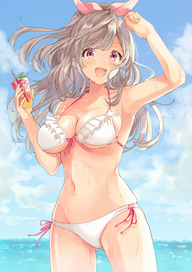 armpits ass_visible_through_thighs bikini blue_sky breasts brown_hair cloud commentary cowboy_shot day drink frilled_bikini frills front-tie_top hair_ribbon idolmaster idolmaster_shiny_colors long_hair medium_breasts ocean open_mouth outdoors pink_eyes pink_ribbon ribbon side-tie_bikini sky smile solo swimsuit thighs tsukioka_kogane white_bikini yuko_(haruruyuco)