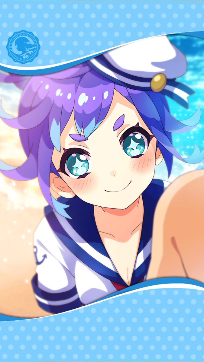 artist_request blue_eyes blue_hair blush breasts cleavage framed_image highres looking_at_viewer official_art phantom_of_the_kill sand smile swimsuit symbol-shaped_pupils ukonvasara_(phantom_of_the_kill) water