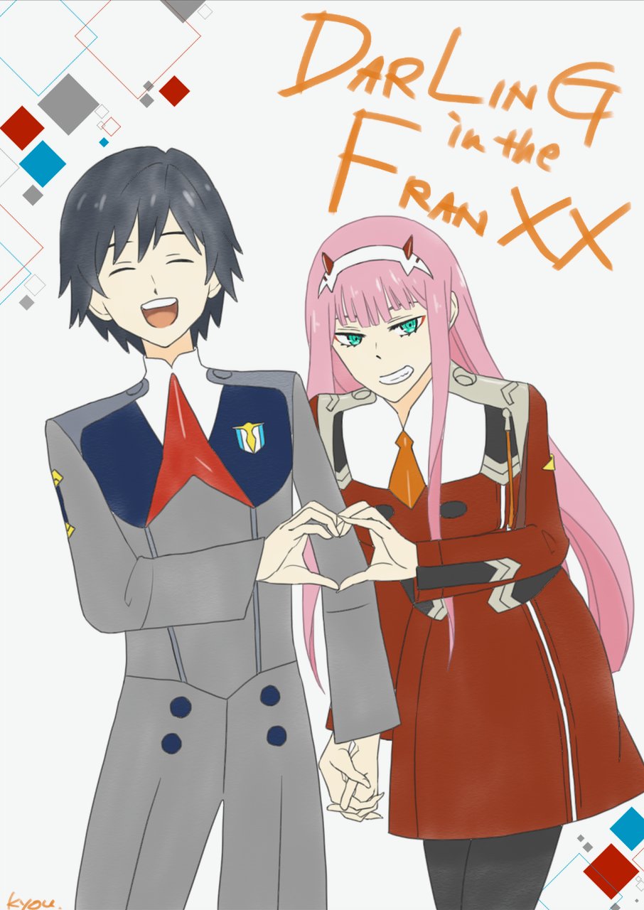 1girl bangs black_hair black_pants closed_eyes commentary_request couple darling_in_the_franxx green_eyes hair_ornament hairband heart heart_hands hetero highres hiro_(darling_in_the_franxx) holding_hands horns interlocked_fingers kyou_0707 long_hair long_sleeves looking_at_viewer military military_uniform necktie oni_horns open_mouth orange_neckwear pants pantyhose pink_hair red_horns red_neckwear signature uniform white_hairband zero_two_(darling_in_the_franxx)