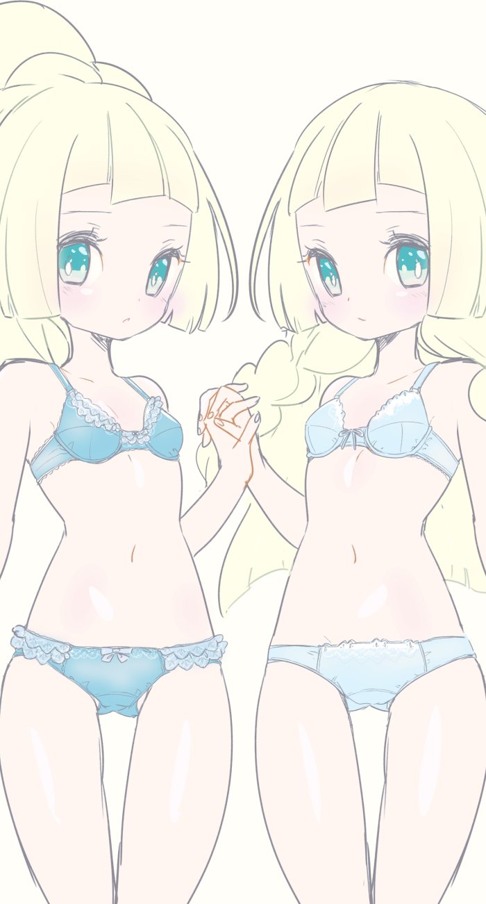 ass_visible_through_thighs bangs blonde_hair blue_bow blue_bra blue_frills blue_panties blush body_blush bow bow_bra bow_panties bra breasts chorimokki commentary_request dual_persona frilled_bra frilled_panties frills green_eyes highres holding_hands interlocked_fingers lillie_(pokemon) long_hair looking_at_viewer multiple_girls navel panties pokemon pokemon_(game) pokemon_sm ponytail simple_background small_breasts thigh_gap underwear underwear_only