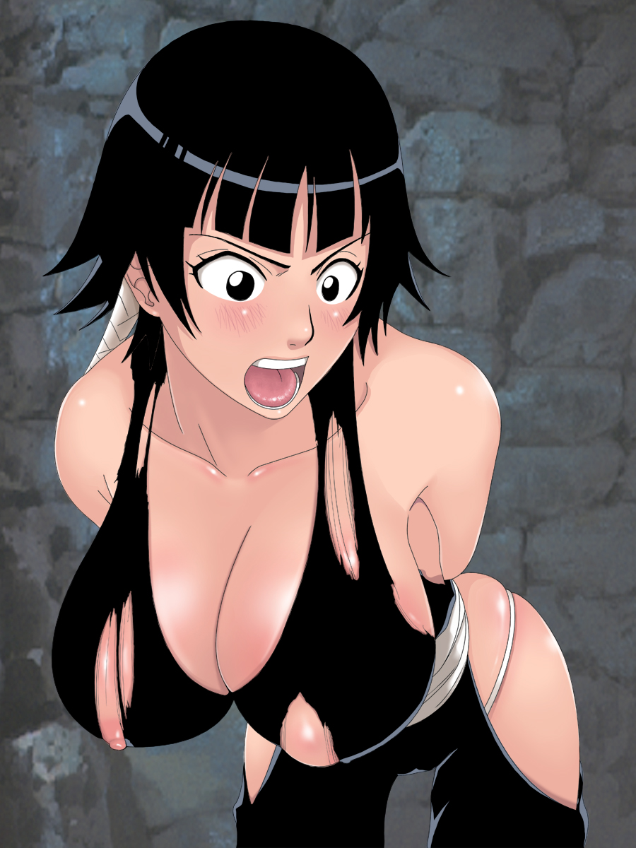 ass bent_over black_eyes black_hair bleach blush breasts cleavage diisuke hanging_breasts highres jiisuke large_breasts leaning_forward nipple_slip nipples short_hair soifon sui-feng torn_clothes