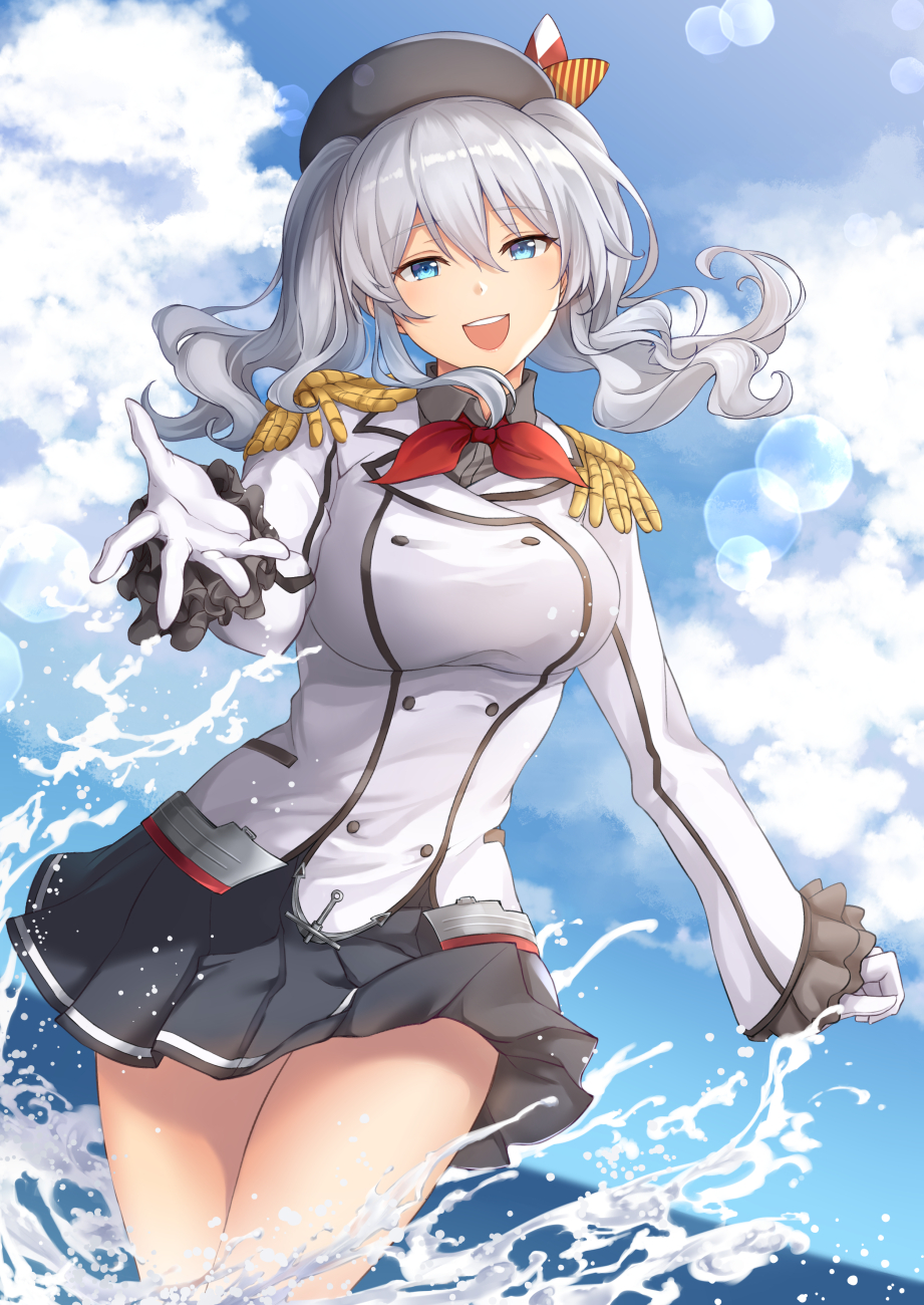 bangs beret black_skirt blue_eyes blue_sky blush breasts buttons cloud collared_shirt commentary day epaulettes eyebrows_visible_through_hair frilled_sleeves frills gloves grey_shirt hair_between_eyes half-closed_eyes hat highres jacket kantai_collection kashima_(kantai_collection) large_breasts long_hair long_sleeves looking_at_viewer military military_jacket military_uniform miniskirt neckerchief open_mouth outdoors pleated_skirt reaching_out red_neckwear shirt sidelocks silver_hair skirt sky smile solo splashing sunlight terry_(pixiv3274443) tsurime twintails uniform wading wavy_hair white_gloves white_jacket