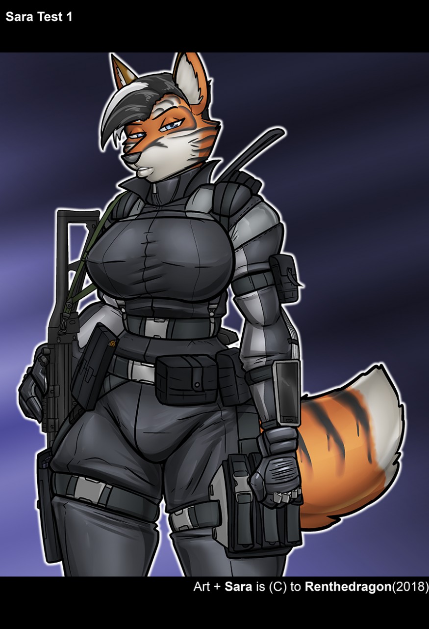 2018 abstract_background anthro belt blue_eyes canine clothing english_text feline female fox gloves gun hybrid looking_at_viewer mammal portrait pouches ranged_weapon renthedragon rifle_sling sara_(renthedragon) soldier solo standing straps submachine_gun text three-quarter_portrait tiger utility_belt weapon