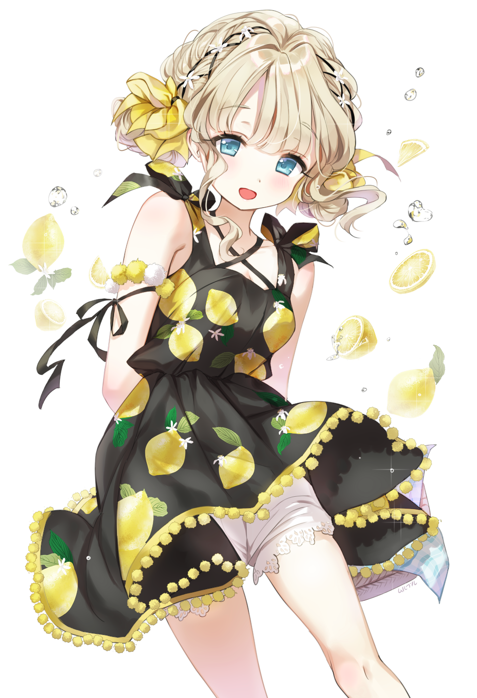 arms_behind_back blonde_hair bloomers blue_eyes bow commentary dress food fruit hair_bow hairband highres lemon looking_at_viewer mullpull original solo underwear white_background wind wind_lift