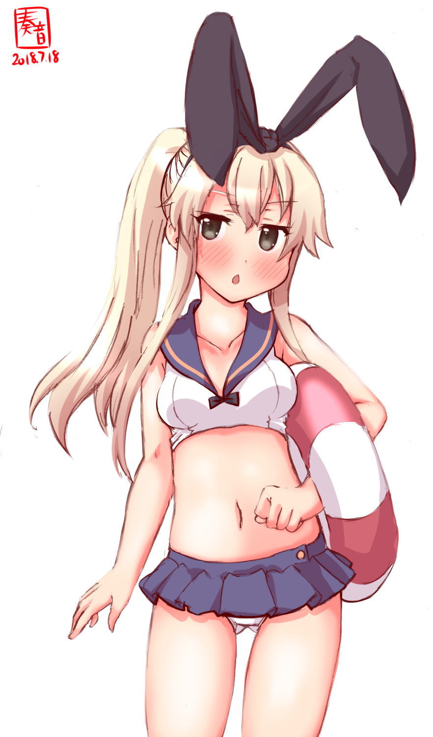 adapted_costume alternate_hairstyle animal_ears artist_logo ass_visible_through_thighs black_hairband blonde_hair blue_eyes blue_sailor_collar blue_skirt bunny_ears commentary_request cowboy_shot dated hairband highres kanon_(kurogane_knights) kantai_collection lifebuoy long_hair looking_at_viewer midriff navel open_mouth pleated_skirt sailor_collar shimakaze_(kantai_collection) simple_background skirt solo twintails white_background