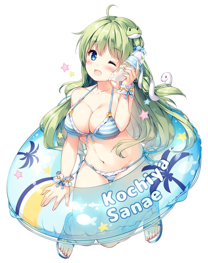 ;d ahoge bikini blue_bikini blue_eyes blue_footwear bottle bottle_to_cheek breasts character_name commentary eyebrows_visible_through_hair frog_hair_ornament front-tie_bikini front-tie_top full_body green_hair groin hair_ornament halterneck head_tilt holding holding_bottle innertube jumping kochiya_sanae large_breasts long_hair looking_at_viewer miyase_mahiro navel one_eye_closed open_mouth sandals side-tie_bikini simple_background smile snake_hair_ornament solo star stomach striped striped_bikini swimsuit thighs touhou water_bottle white_background wrist_cuffs