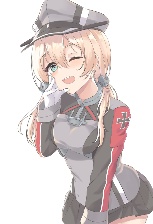 anchor anchor_hair_ornament aqua_eyes black_ribbon black_skirt blonde_hair eyebrows_visible_through_hair gloves hair_ornament hat iron_cross kantai_collection looking_at_viewer low_twintails microskirt military military_hat military_uniform one_eye_closed open_mouth peaked_cap prinz_eugen_(kantai_collection) ribbon simple_background skirt solo tiasis twintails uniform white_background white_gloves