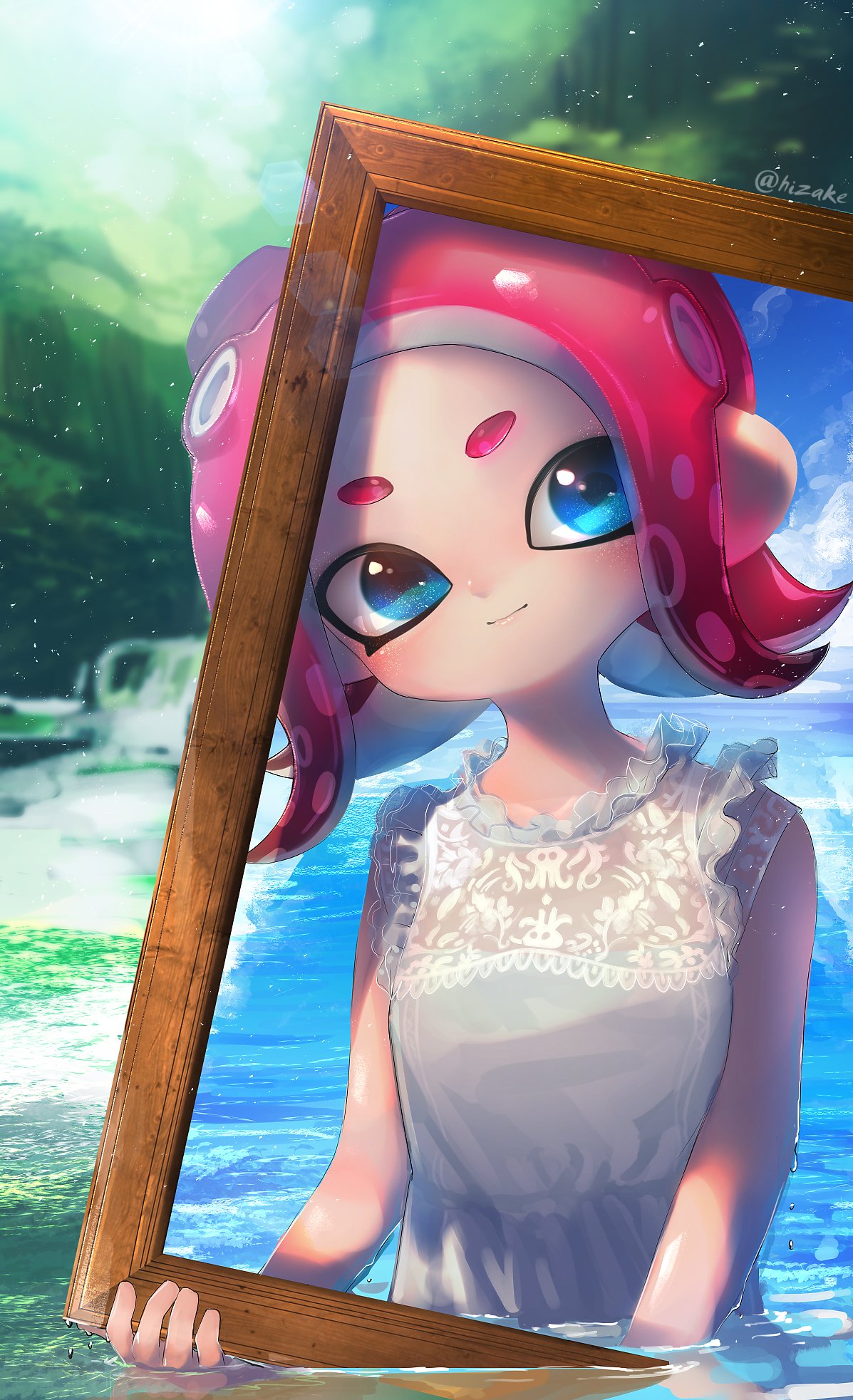 bare_arms bare_shoulders blue_eyes blue_sky blurry closed_mouth cloud commentary day depth_of_field dress english_commentary frilled_dress frills head_tilt highres holding kashu_(hizake) lens_flare light_smile looking_at_viewer monster_girl ocean octarian octoling outdoors partially_submerged picture_frame red_hair river short_eyebrows short_hair sky sleeveless sleeveless_dress solo splatoon_(series) splatoon_2 splatoon_2:_octo_expansion suction_cups sunlight tentacle_hair twitter_username upper_body wading water water_drop white_dress