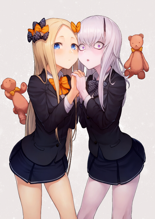 abigail_williams_(fate/grand_order) bags_under_eyes bangs banned_artist black_bow black_jacket black_neckwear blonde_hair blue_eyes blue_skirt blush bow bowtie buttons closed_mouth commentary_request fate/grand_order fate_(series) forehead grey_hair hair_bow holding_hands horn interlocked_fingers jacket kyoeiki lavinia_whateley_(fate/grand_order) long_hair looking_at_viewer multiple_girls open_mouth orange_bow orange_neckwear pale_skin parted_bangs polka_dot polka_dot_bow purple_eyes school_uniform simple_background skirt stuffed_animal stuffed_toy teddy_bear thighs wide-eyed