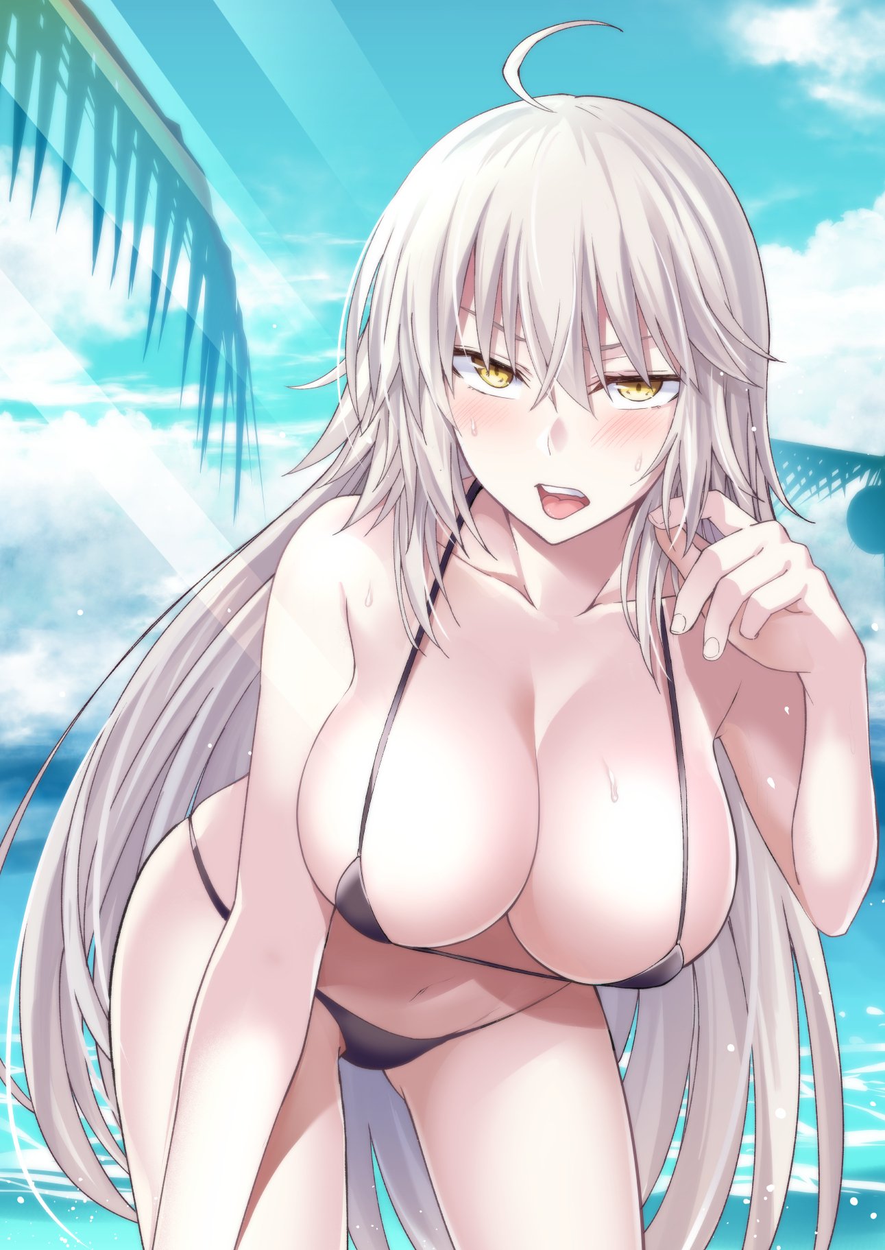 ahoge bangs bare_arms bare_shoulders bikini black_bikini blue_sky blush branch breasts cleavage cloud collarbone day fate/grand_order fate_(series) fingernails hair_between_eyes hand_up highres ijima_yuu jeanne_d'arc_(alter)_(fate) jeanne_d'arc_(fate)_(all) large_breasts leaf leaning_forward light_rays long_hair looking_at_viewer micro_bikini navel ocean open_mouth outdoors pale_skin sidelocks silver_hair sky solo standing stomach strap_gap string_bikini summer sunlight sweat swimsuit tongue tongue_out tsurime upper_teeth very_long_hair yellow_eyes