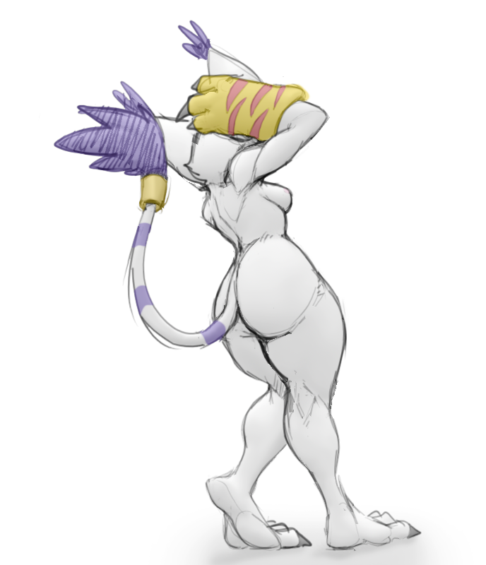 anthro arched_back big_butt big_ears breasts butt claws clothing digimon feet feline female fur gatomon gloves guoh hand_on_head long_tail mammal rear_view simple_background solo tail_ring white_background white_fur wide_hips