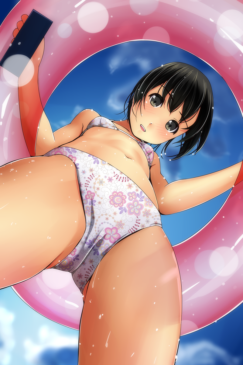 :d bare_arms bare_shoulders bikini black_eyes black_hair blue_sky blush breasts cameltoe cloud collarbone commentary_request day floral_print from_below head_tilt highres holding holding_innertube innertube looking_at_viewer looking_down matsunaga_kouyou navel open_mouth original outdoors pink_innertube print_bikini short_hair sky small_breasts smile solo swimsuit thighs transparent wet white_bikini