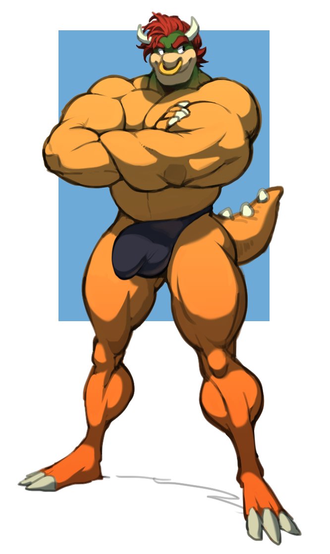 analon_(artist) anthro big_biceps big_bulge big_muscles bowser bulge claws clothing crossed_arms facial_piercing hair male mario_bros muscular muscular_male nintendo nose_piercing nose_ring orange_skin pecs penis_outline piercing red_hair simple_background small_head smile solo standing underwear video_games