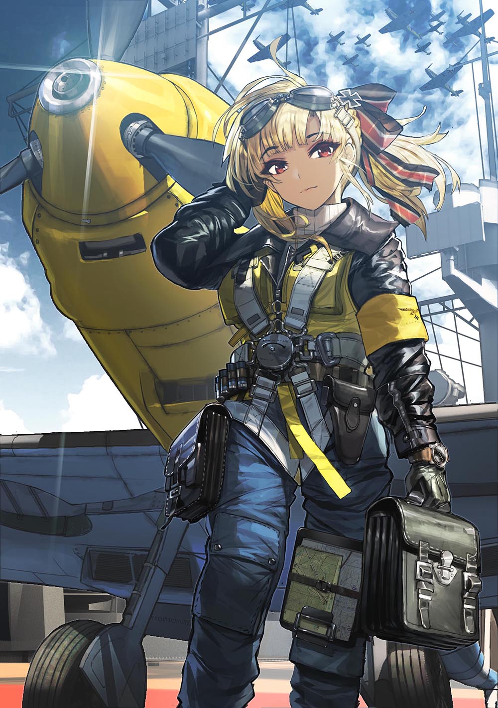 adjusting_hair aircraft bag bf_109 blonde_hair blue_sky clipboard cloud day eyebrows_visible_through_hair from_below goggles goggles_on_head harness highres landing_gear looking_at_viewer military military_vehicle original propeller red_eyes satchel siqi_(miharuu) sky smile solo
