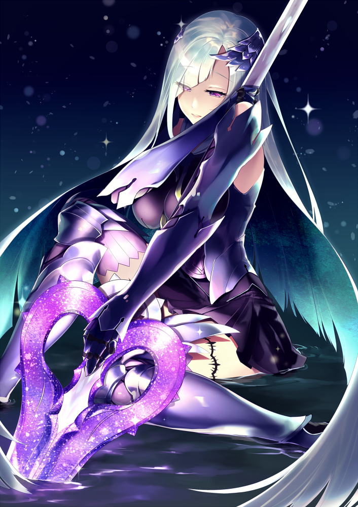 blue_background brynhildr_(fate) brynhildr_romantia fate/grand_order fate/prototype fate/prototype:_fragments_of_blue_and_silver fate_(series) gloves holding holding_spear holding_weapon koruta_(nekoimo) long_hair polearm purple_eyes purple_legwear purple_skirt silver_hair sitting skirt solo spear thighhighs weapon