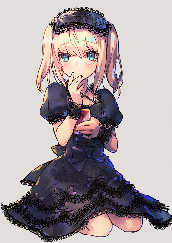 androgynous black_dress blonde_hair blue_eyes blush chevalier_d'eon_(fate/grand_order) dress fate/grand_order fate_(series) frills gothic gothic_lolita hairband lolita_fashion lolita_hairband long_hair looking_at_viewer simple_background smile solo wanko_(takohati8)