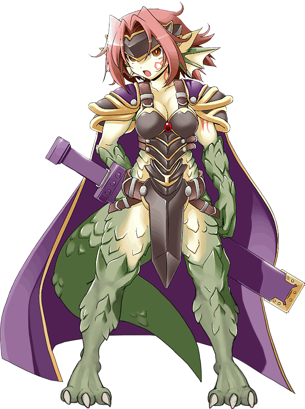 1girl animal_ears armor artist_request bangs belt breasts cape cleavage dragon_girl dragon_tail female fins full_body granberia large_breasts mon-musu_quest! monster_girl nimji open_mouth red_hair scales solo sword tail tattoo third-party_edit tiara weapon yellow_eyes