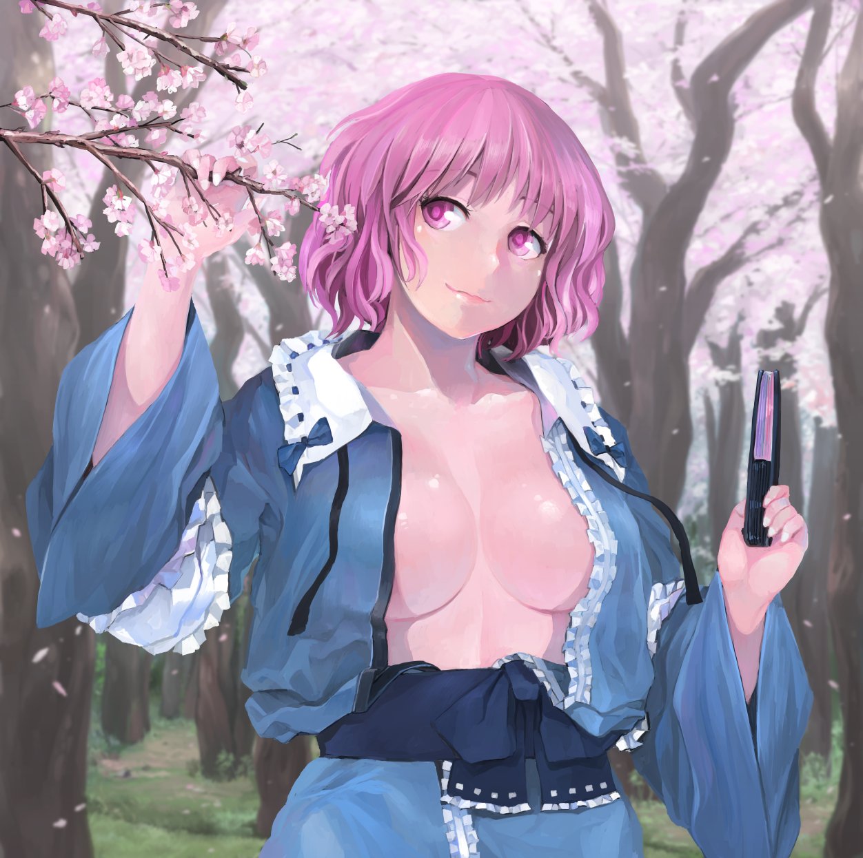 arm_garter black_ribbon blue_bow blue_kimono blue_sash bow branch breasts cherry_blossoms collarbone commentary_request cowboy_shot eyebrows_visible_through_hair fan folding_fan frilled_shirt_collar frills hand_up highres holding holding_fan ichiba_youichi japanese_clothes kimono large_breasts lips long_sleeves looking_up no_hat no_headwear open_clothes open_kimono outdoors petals pink_eyes pink_hair ribbon ribbon-trimmed_collar ribbon_trim saigyouji_yuyuko sash shiny shiny_skin short_hair solo standing touhou tree wide_sleeves