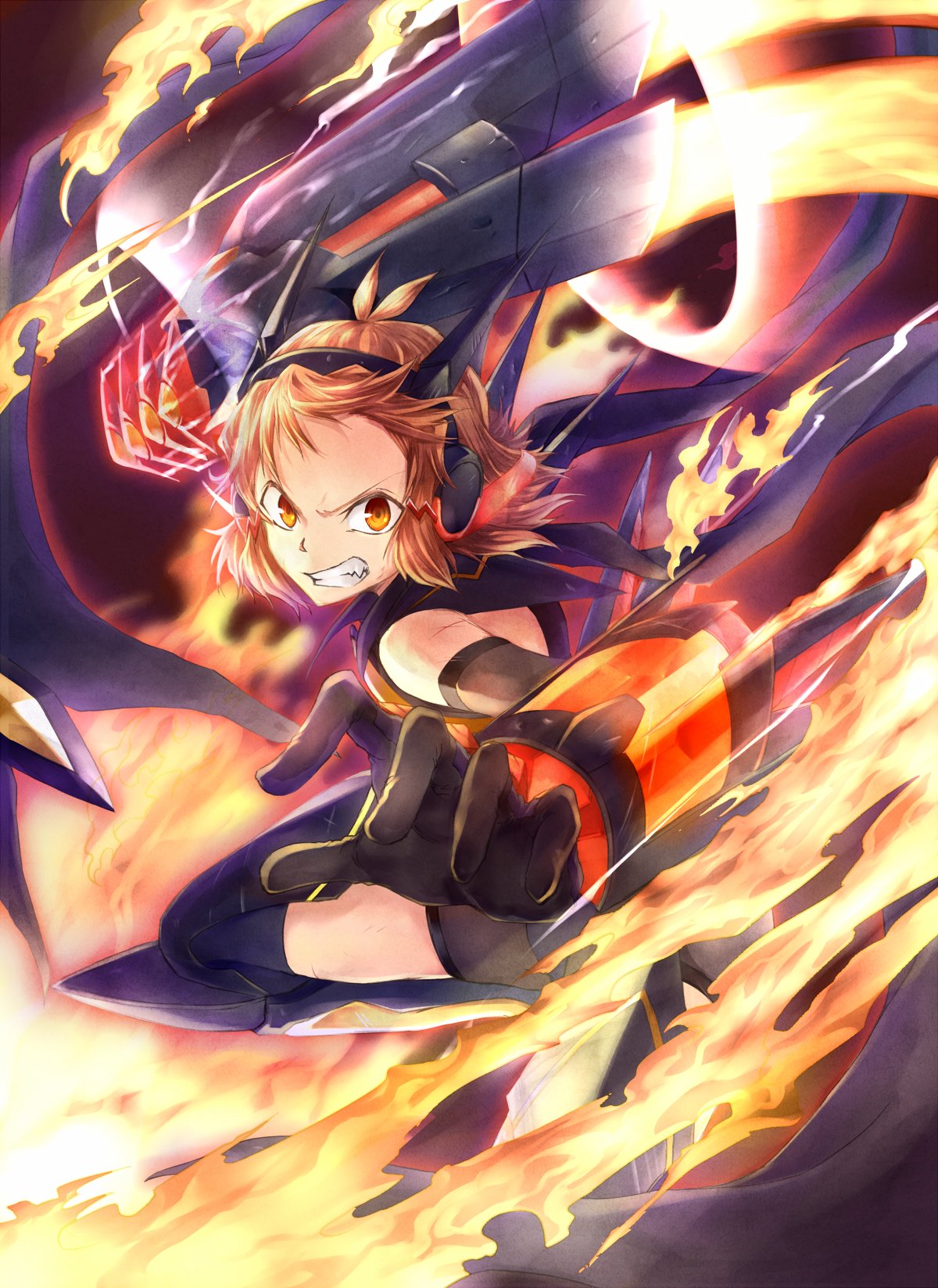 ahoge angry blonde_hair bodysuit brown_hair clenched_hand clenched_teeth commentary_request fire flame gloves hair_ornament hairclip headgear headphones highres ignite_module judo_fuu looking_at_viewer orange_eyes senki_zesshou_symphogear short_hair sleeveless solo tachibana_hibiki_(symphogear) teeth thighhighs yellow_eyes