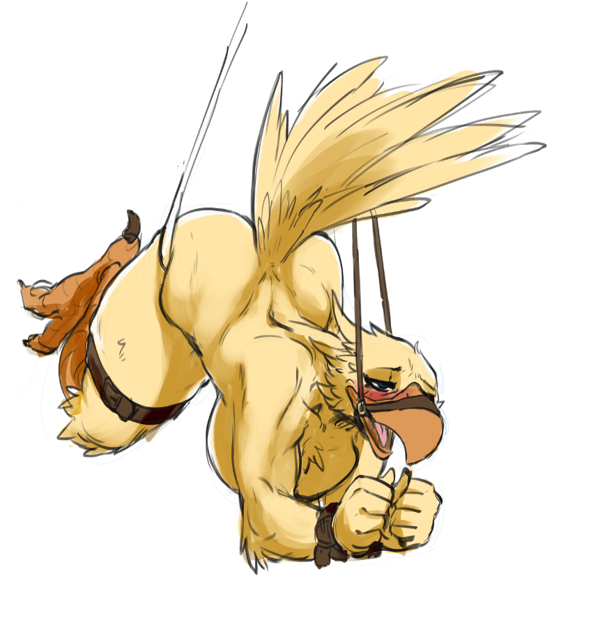 anthro avian bdsm beak big_breasts bird bondage bound breasts chocobo feathers female final_fantasy nude open_mouth simple_background solo square_enix thick_thighs tzarvolver video_games white_background
