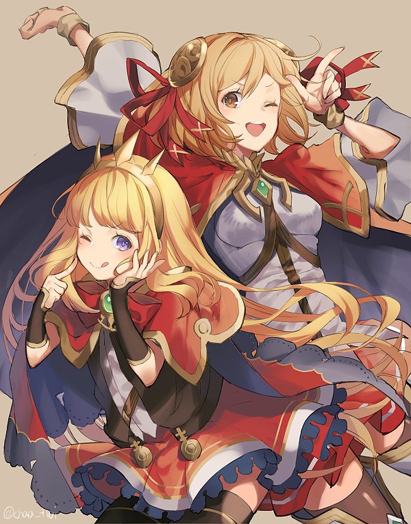 ;d ;q black_legwear blonde_hair bracer cagliostro_(granblue_fantasy) capelet commentary_request crown djeeta_(granblue_fantasy) granblue_fantasy hair_ornament hair_ribbon hairband long_hair multiple_girls one_eye_closed open_mouth purple_eyes ribbon short_hair skirt smile spikes thighhighs tongue tongue_out v-shaped_eyebrows yumekui