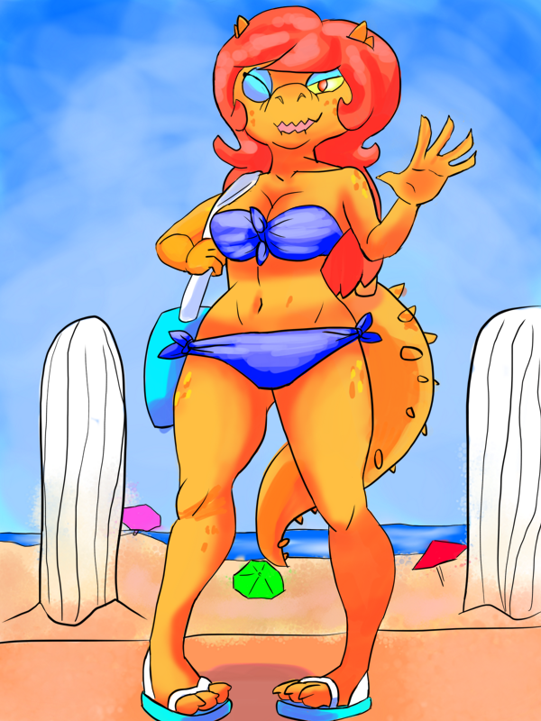 2017 5_fingers anthro bandeau bare_shoulder beach bikini biped breasts cartoon_network cleavage clothed clothing cosma detailed_background eyelashes eyeshadow female footwear full_portrait hair handbag holding_object lizard long_hair looking_at_viewer makeup midriff navel ok_k.o.!_let's_be_heroes one_eye_closed open_mouth orange_scales outside red_eyes red_hair reptile sand sandals scales scalie seaside side-tie_bikini skimpy smile smoaer solo spikes standing swimsuit thick_thighs umbrella water wink yellow_sclera