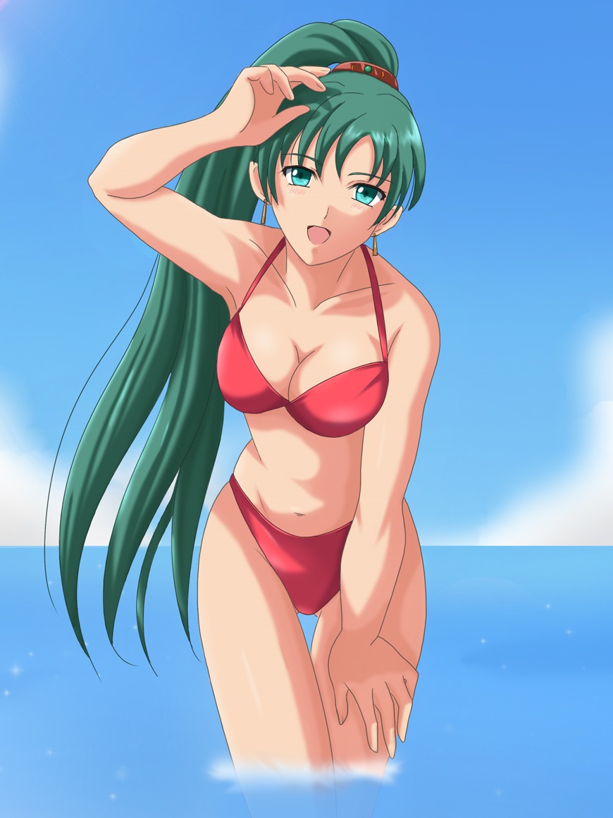 :d arm_up ass_visible_through_thighs bikini blue_sky breasts cleavage cloud collarbone commentary cowboy_shot day earrings fire_emblem fire_emblem:_rekka_no_ken fire_emblem_heroes floating_hair green_eyes green_hair hair_ornament hand_on_leg high_ponytail jewelry leaning_forward long_hair looking_at_viewer lyndis_(fire_emblem) medium_breasts navel ocean open_mouth outdoors red_bikini sentihistory sky smile solo swimsuit very_long_hair wading