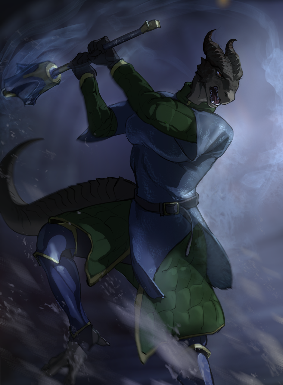 2018 angry anthro armor battle belt chainmail clothed clothing digital_media_(artwork) discardingsabot dragon dragonborn female fight gambeson gloves horn mace melee_weapon mithriss_the_unguided open_mouth scalie simple_background solo teeth thebigslick weapon