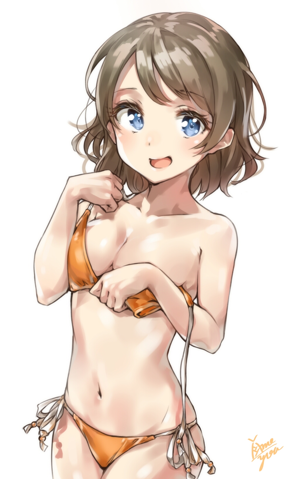 :d bare_shoulders bikini blue_eyes breasts cleavage clenched_hands commentary_request eyebrows_visible_through_hair grey_hair hands_up highres looking_at_viewer love_live! love_live!_sunshine!! navel open_mouth orange_bikini short_hair side-tie_bikini signature simple_background small_breasts smile solo swimsuit takenoko_no_you untied untied_bikini watanabe_you white_background