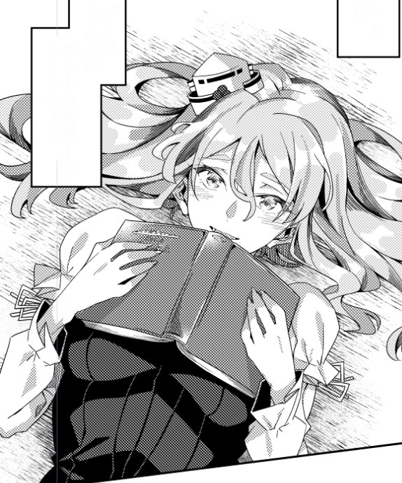 asakawa_(outeq) blush book breasts commentary corset greyscale hair_between_eyes hat holding holding_book kantai_collection long_hair long_sleeves looking_at_viewer lying mini_hat monochrome open_book open_mouth pola_(kantai_collection) puffy_sleeves smile solo teeth tilted_headwear wavy_hair work_in_progress