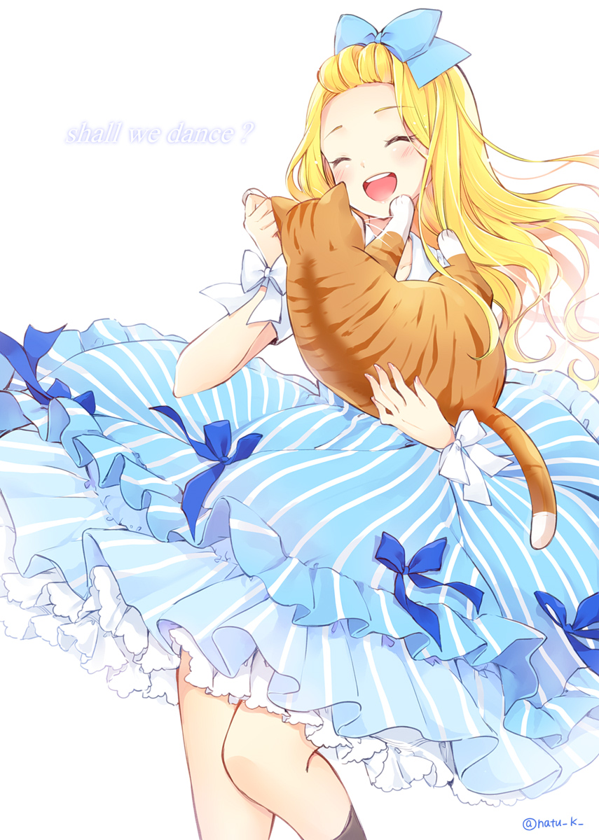 :d ^_^ animal bangs_pinned_back blonde_hair blue_bow blue_dress blush bow cat closed_eyes commentary_request dancing dress english hair_bow hazuki_natsu highres holding holding_cat long_hair open_mouth original ribbon round_teeth smile solo striped teeth twitter_username upper_teeth vertical-striped_dress vertical_stripes white_ribbon wrist_ribbon