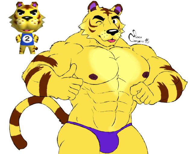 abs animal_crossing anthro barazoku bulge clothed clothing digital_media_(artwork) feline looking_at_viewer male mammal muscular muscular_male navel nintendo nipples pecs solo steven_ciervyena thong thumbs_up tiger topless tybalt_(animal_crossing) video_games