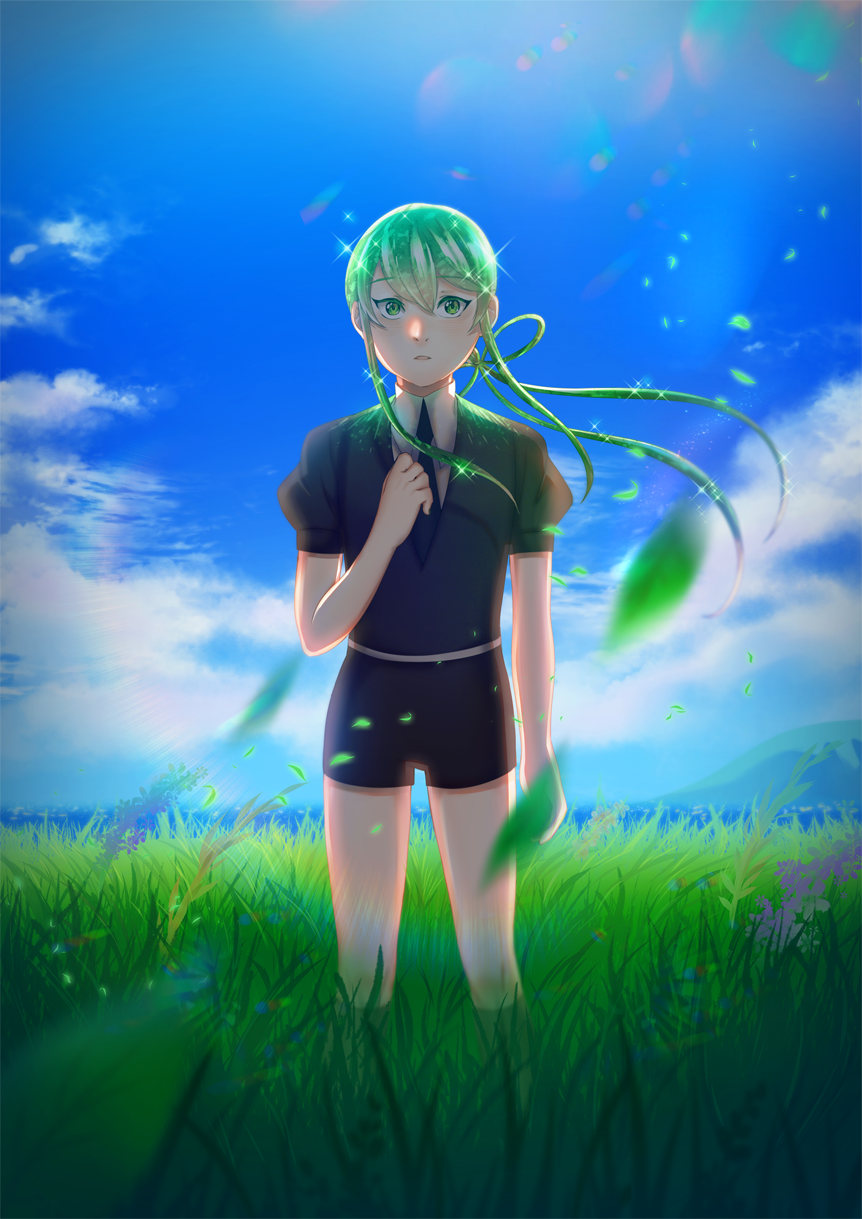 androgynous blue_sky cloud day enzou gem_uniform_(houseki_no_kuni) grass green_eyes green_hair highres houseki_no_kuni jade_(houseki_no_kuni) leaf long_hair looking_at_viewer necktie outdoors ponytail scenery sky solo sparkle