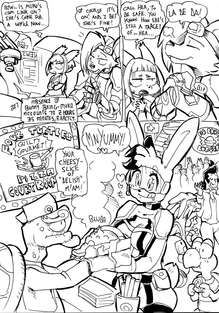 anthro black_and_white breasts cookie_(furryfight_chronicles) daigaijin dandy_(space_dandy) drone english_text female food furryfight_chronicles koopa lagomorph male mammal mario_bros meow_(space_dandy) monochrome muko nintendo pizza qt_(space_dandy) rabbit reptile rodent scalie space_dandy squirrel text turtle video_games zeo_(skaven)