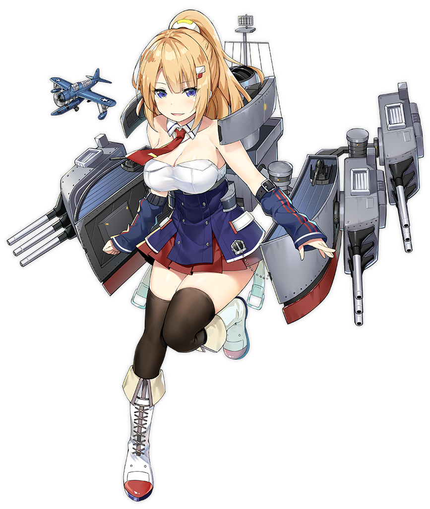 astoria_(azur_lane) azur_lane bare_shoulders black_legwear blonde_hair breasts cannon cleavage full_body gloves hair_ornament large_breasts long_hair looking_at_viewer machinery neckerchief official_art pleated_skirt ponytail purple_eyes seaplane skirt sky_(freedom) solo thighhighs transparent_background turret vought_os2u_kingfisher weapon