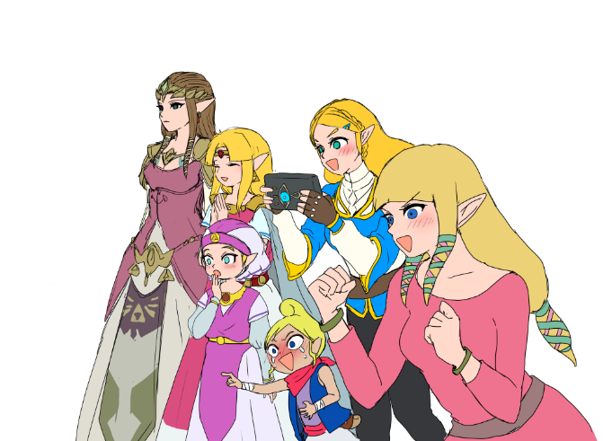 blonde_hair blush clenched_hands closed_eyes dress empty_eyes gaijin_4koma hair_tubes hand_to_own_mouth hands_together laughing long_hair multiple_persona open_mouth pants pointing pointy_ears princess_zelda sheikah_slate shirt short_hair sidelocks simple_background smile taking_picture tetra the_legend_of_zelda the_legend_of_zelda:_a_link_between_worlds the_legend_of_zelda:_breath_of_the_wild the_legend_of_zelda:_ocarina_of_time the_legend_of_zelda:_skyward_sword the_legend_of_zelda:_the_wind_waker the_legend_of_zelda:_twilight_princess tiara usushira white_background