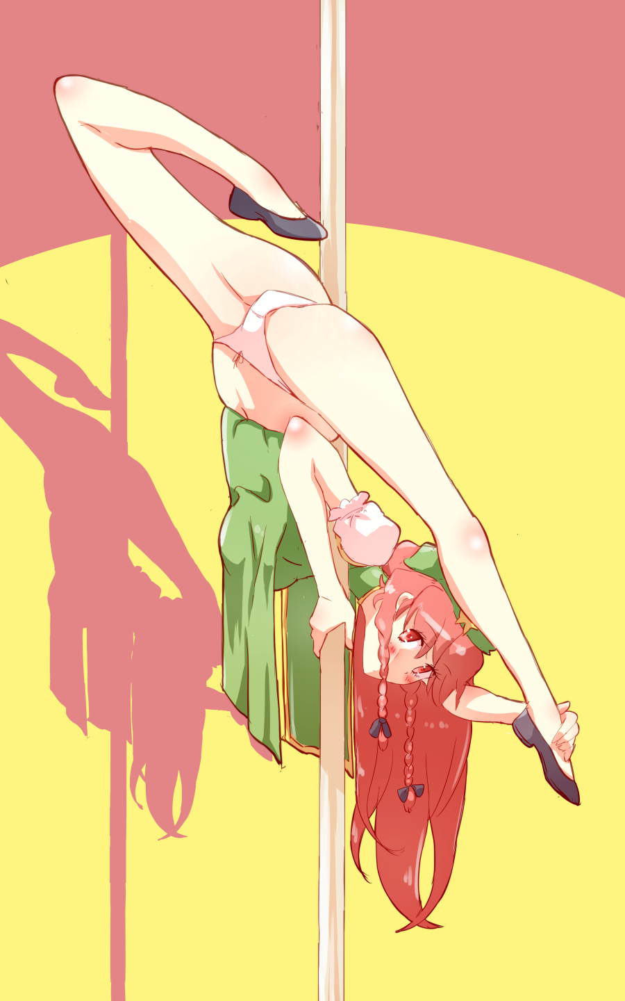 ass black_footwear braid breasts covered_mouth dress flexible green_dress hair_ribbon hat highres hong_meiling large_breasts long_hair looking_at_viewer navel non_(z-art) panties pantyshot pole_dancing red_eyes red_hair ribbon shadow shoes silhouette spotlight thighs touhou underwear white_panties