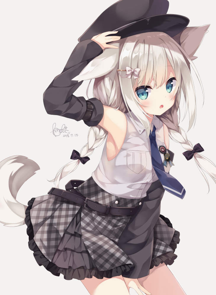 :o animal_ears arm_up bangs bare_shoulders between_legs black_bow black_hat blue_neckwear blush bow braid collared_shirt commentary_request dated detached_sleeves dog_ears dog_girl dog_tail dress_shirt eyebrows_visible_through_hair green_eyes grey_background grey_bow grey_shirt grey_skirt hair_between_eyes hair_bow hair_ornament hairclip hand_between_legs hat hoshi_(snacherubi) long_hair long_sleeves looking_at_viewer low_twintails necktie open_mouth original peaked_cap plaid plaid_skirt pleated_skirt shirt signature silver_hair simple_background skirt sleeves_past_wrists solo tail twin_braids twintails very_long_hair