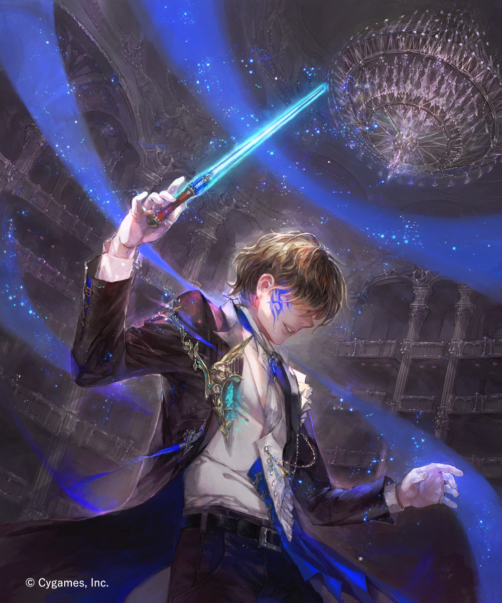 aloma baton_(instrument) belt black_pants blue_neckwear brown_hair chandelier conductor covered_eyes facial_tattoo gloves hands_up highres indoors male_focus necktie official_art pants parted_lips shadowverse solo standing tattoo vest watermark white_gloves white_vest