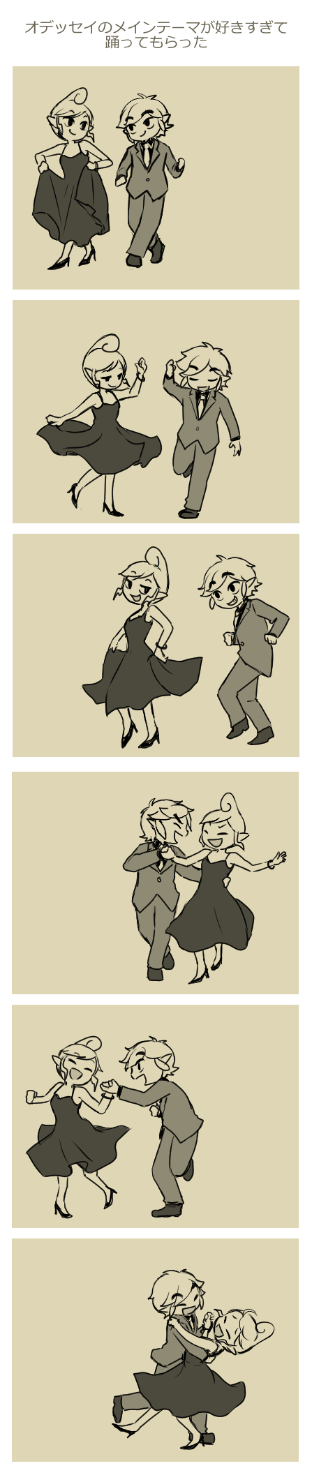 1girl 6koma ahoge closed_eyes dancing dress formal greyscale high_heels highres holding_hands link long_image monochrome multiple_views necktie open_mouth shoes short_hair skirt_hold smile suit tall_image tetra the_legend_of_zelda the_legend_of_zelda:_the_wind_waker toon_link usushira