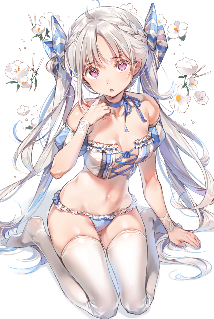 ahoge bangs blue_panties blue_ribbon bow bracelet braid breasts cleavage collarbone cross-laced_clothes detached_sleeves dsmile flower french_braid frilled_panties frills full_body jewelry lavender_eyes long_hair looking_at_viewer medium_breasts multicolored_hair navel no_shoes open_mouth original panties parted_bangs puffy_detached_sleeves puffy_short_sleeves puffy_sleeves ribbon short_sleeves silver_hair simple_background sitting striped striped_bow thighhighs twintails two-tone_hair underwear vertical_stripes very_long_hair wariza white_background white_flower white_hair white_legwear