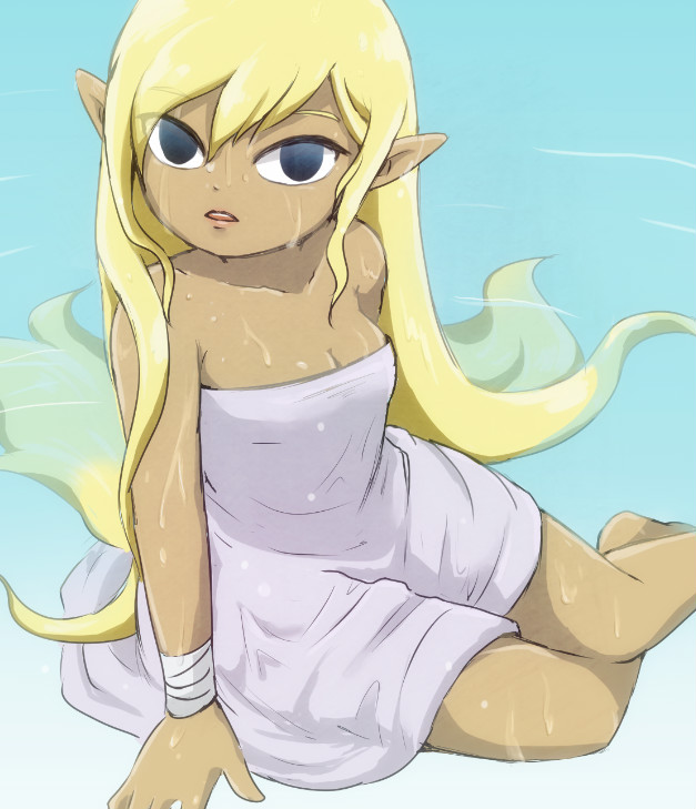 bandaged_arm bandages barefoot black_eyes blonde_hair breasts cleavage dark_skin dress hair_between_eyes legs_together long_hair looking_at_viewer medium_breasts no_pupils open_mouth partially_submerged pointy_ears solo tetra the_legend_of_zelda the_legend_of_zelda:_the_wind_waker usushira water wet wet_hair